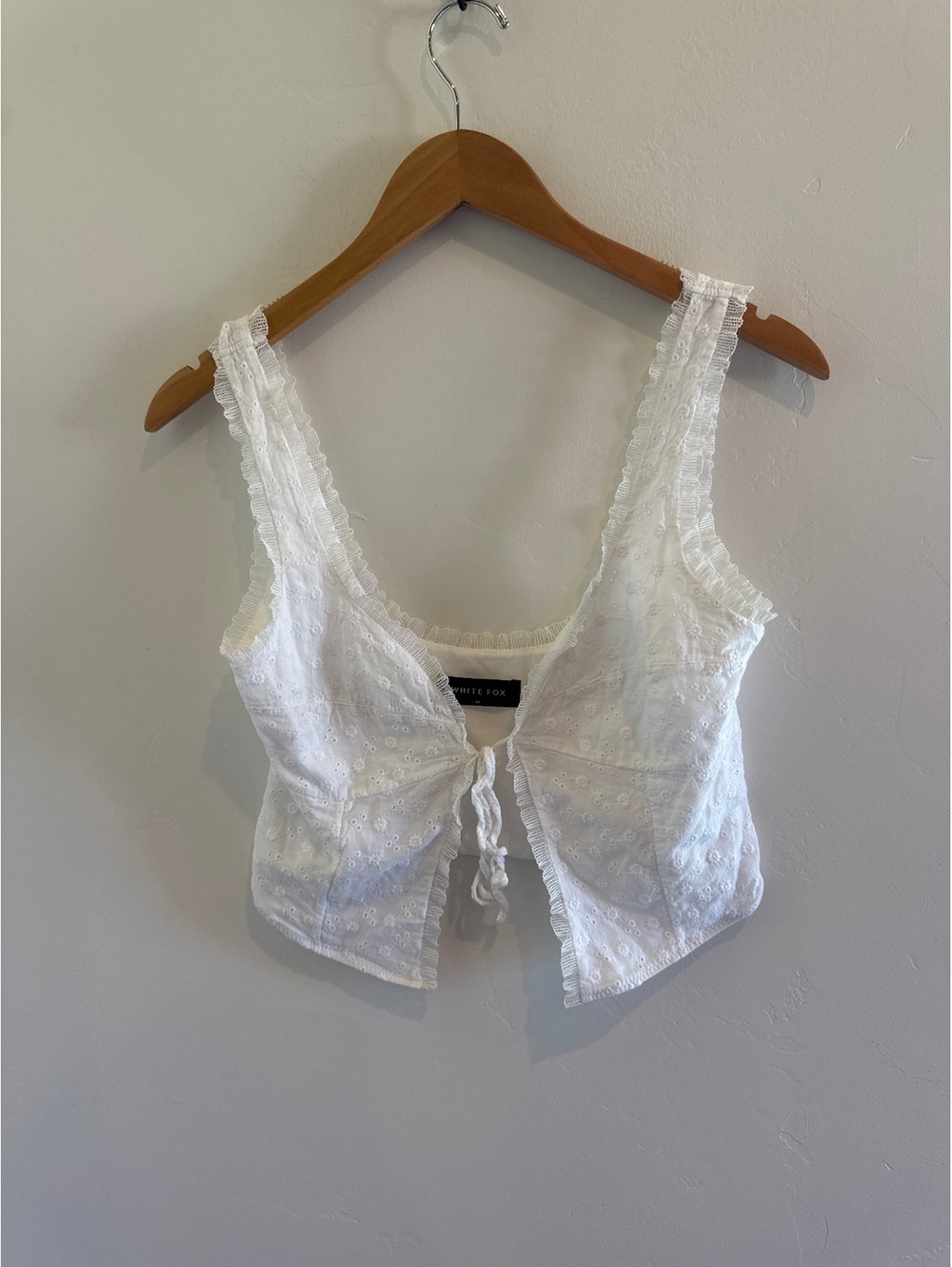 White Fox Boutique White Eyelet Tie Front Crop Top Size M Coquette